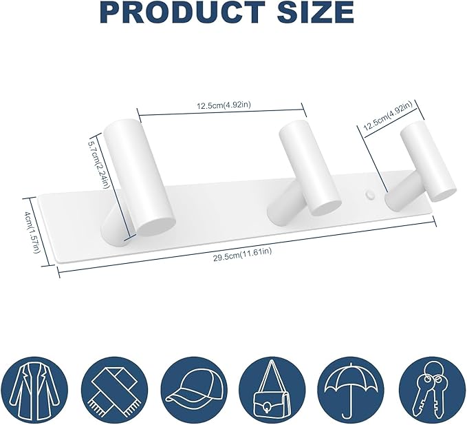 VAEHOLD Hat and Coat Wall Mount Rack - Hooks for Robes, Bags, Keys, and Towels - Bathroom Towel Hanger Organizer (White, “T“ 
