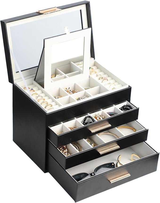 BOOVO Jewelry Boxes for Women, White and Black 6 Layer Large Jewelry Box for Necklace, Bracelet, Earrings, Rings Storage, Jew