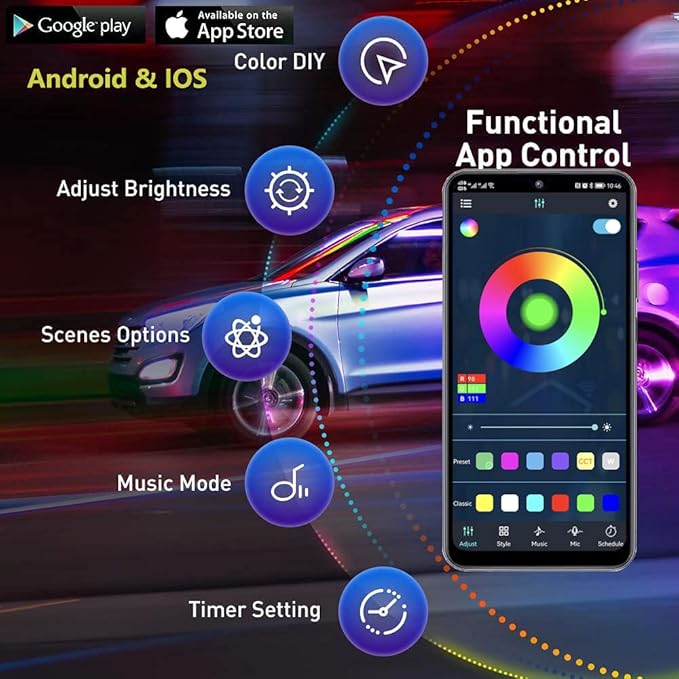 Underglow Kit, RGB-IC Under Car Lights With Dream Color Dancing Chasing, 213 Scene Modes, App and Remote Control, 5 Music Modes LED Lights for All Cars