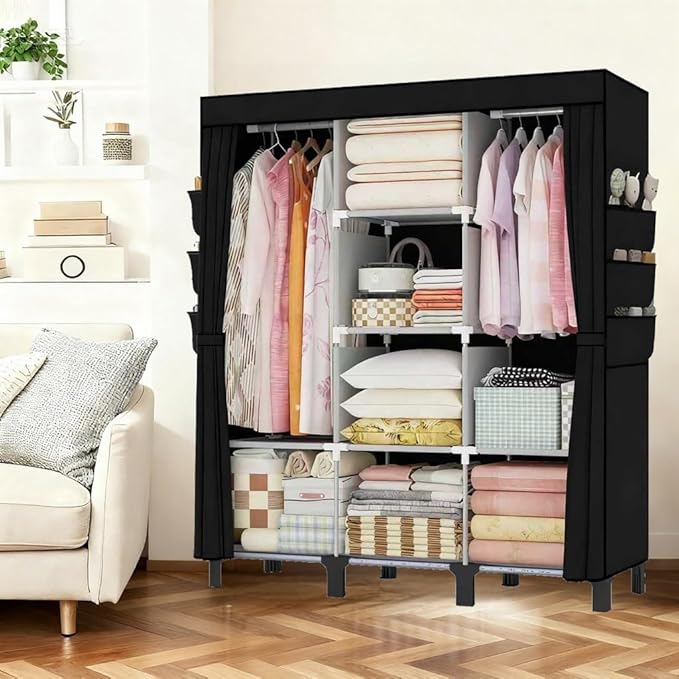 Portable Wardrobe, Clothes Organizer, Easy Hanger Wardrobe, Multiple Dividers and 3 Drawers, 6 Side Pockets Large Capacity (B