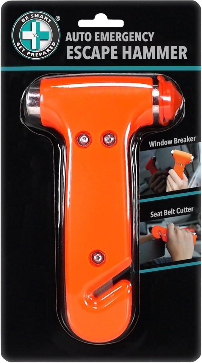 Be Smart Get Prepared 3-in-1 Auto Emergency Escape Hammer - Includes Glass Breaker, Seat Belt Cutter & Flat Hammer - Compact 