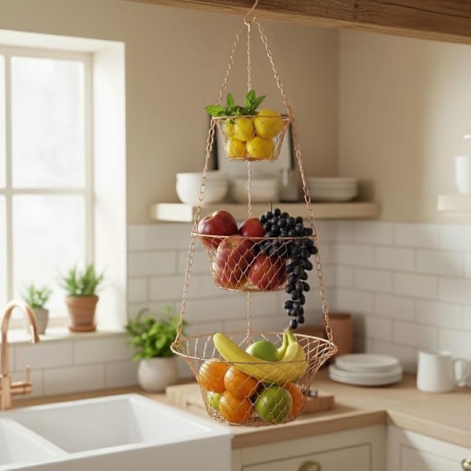 Hanging Fruit Basket – 3 Tier Hanging Baskets for Kitchen – Heavy Duty Wire Fruit and Vegetable Basket with Hooks, Copper Fin