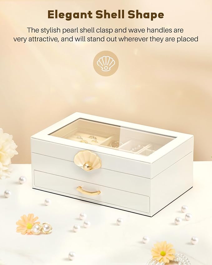 Enthralite Jewelry Box with 1 Drawers: Display Organizer for Earrings Necklaces - Christmas Gifts for Girls Women (White)