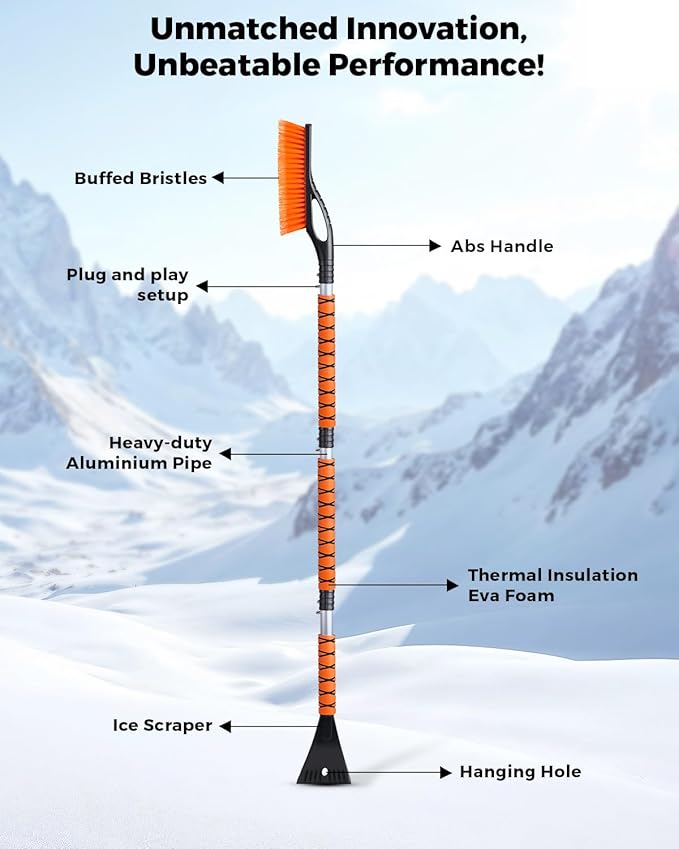 EcoNour 57" Detachable Snow Brush with Ice Scraper for Car Windshield and Window | 4-in-1 Design, Scratch-Free Bristles, EVA Foam Grip | Perfect Snow Accessories for SUVs, Trucks, and Jeeps