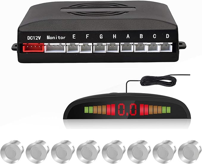 Car Reverse Parking Radar System with 8 Parking Sensors Distance Detection + LED Distance Display + Sound Warning (Silver Color)