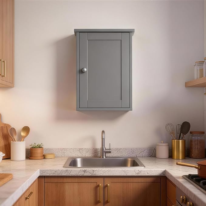 VINGLI Bathroom Wall Cabinet, Gray Medicine Cabinet with Single Door, Small Over Toilet Storage Organizer with Adjustable She