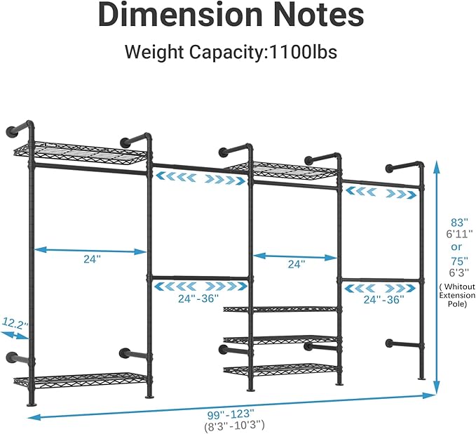Timate F4 Wall Mounted Clothes Rack Industrial Pipe Clothing Rack for Hanging Clothes, Expandable Garment Rack Heavy Duty War