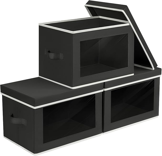 Homsorout Storage Boxes with Lids - 3 Pack Fabric Clear Window Storage Bins, Collapsible Storage Bins with Lids, Linen Closet