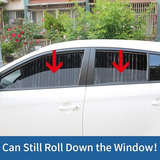 Ovege Car Side Window Sun Shade Car Curtain Pleated Silky Suction Magnetic (Black-Opaque, Front Seat 2pcs)