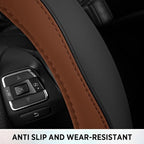 Road Comforts Leather Steering Wheel Cover with Decorative Trim and Piping, Anti-Slip Breathable Design, Fits 14.5–15 Inch Ro