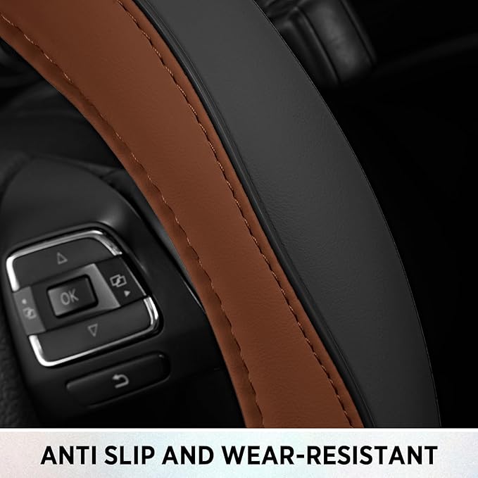 Road Comforts Leather Steering Wheel Cover with Decorative Trim and Piping, Anti-Slip Breathable Design, Fits 14.5–15 Inch Ro