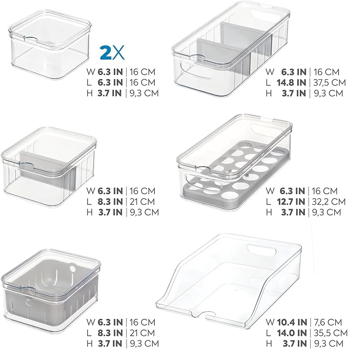 iDesign Crisp 7-Piece Recycled Plastic Refrigerator Organizer Bin Set with Lids, Clear/Gray