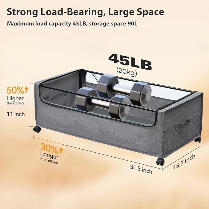Under Bed Storage with Wheels, Rolling Under bed Storage with Metal Frame, Under Bed Shoe Storage for Space Saving, Zippered 