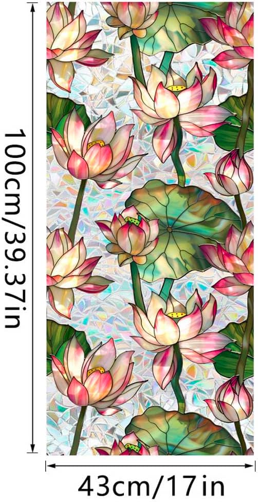 JOONOR Retro Lotus Flowers Window Privacy Film,Stained Glass Decals Colorful Floral Privacy Rainbow Decals Living Room Sun Blocking Decor Removable Static Cling Stickers,16.93 x 39.37 Inch