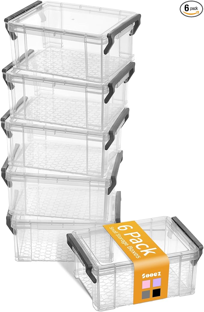 Sooez 6 Pack Small Plastic Containers with Lids, 6.4" x 4.4" x 2.7", Clear Crayon Box Pencil Pouch, Stackable Stroage Organiz
