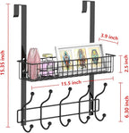 Coat Rack, Over The Door Hanger with Mesh Basket, Detachable Storage Shelf for Towels, Hats, Handbags, Coats (Black)
