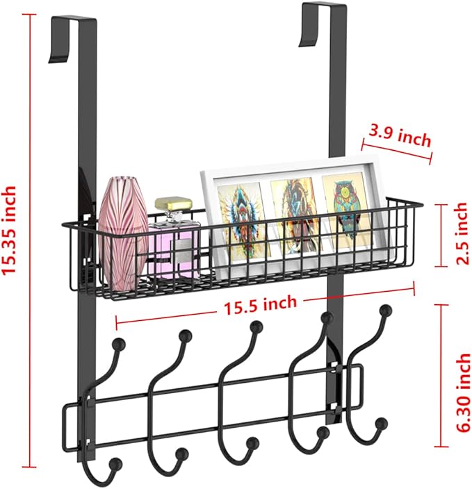 Coat Rack, Over The Door Hanger with Mesh Basket, Detachable Storage Shelf for Towels, Hats, Handbags, Coats (Black)