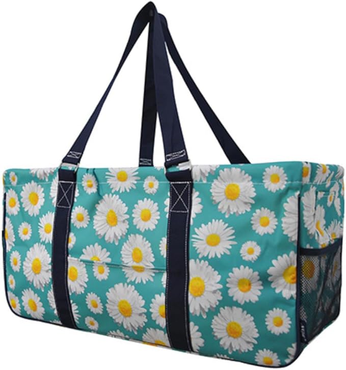 NGIL Extra Large Utility Tote Reusable Grocery Organizing Bag Oversized Collapsible for Storage, Picnic,Car, Beach (Daisy Print-navy)