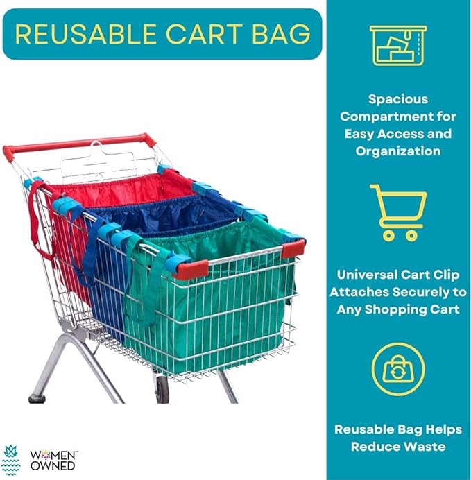 Handy Sandy Cart Caddy – 3-Pack Reusable Shopping Bags with Cart Clips | Heavy-Duty Grocery Organizer Tote Set | Eco-Friendly, Foldable, 40 lb Capacity | Black