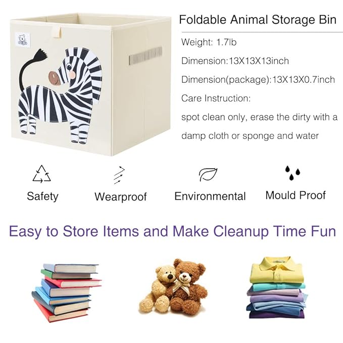 CLCROBD Foldable Animal Cube Storage Bins Fabric Toy Box/Chest/Organizer for Toddler/Kids Nursery, Playroom, 13 inch (Zebra)