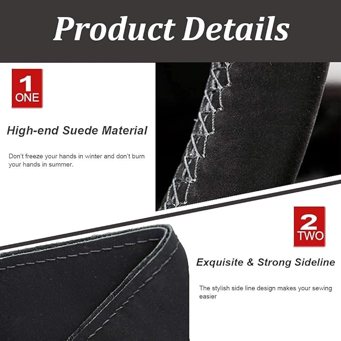AUTOXBERT 38cm/15 Suede Leather Non-Slip Steering Wheel Cover DIY Hand Sewing Cowhide Leather Skidproof Car Protector with Ne