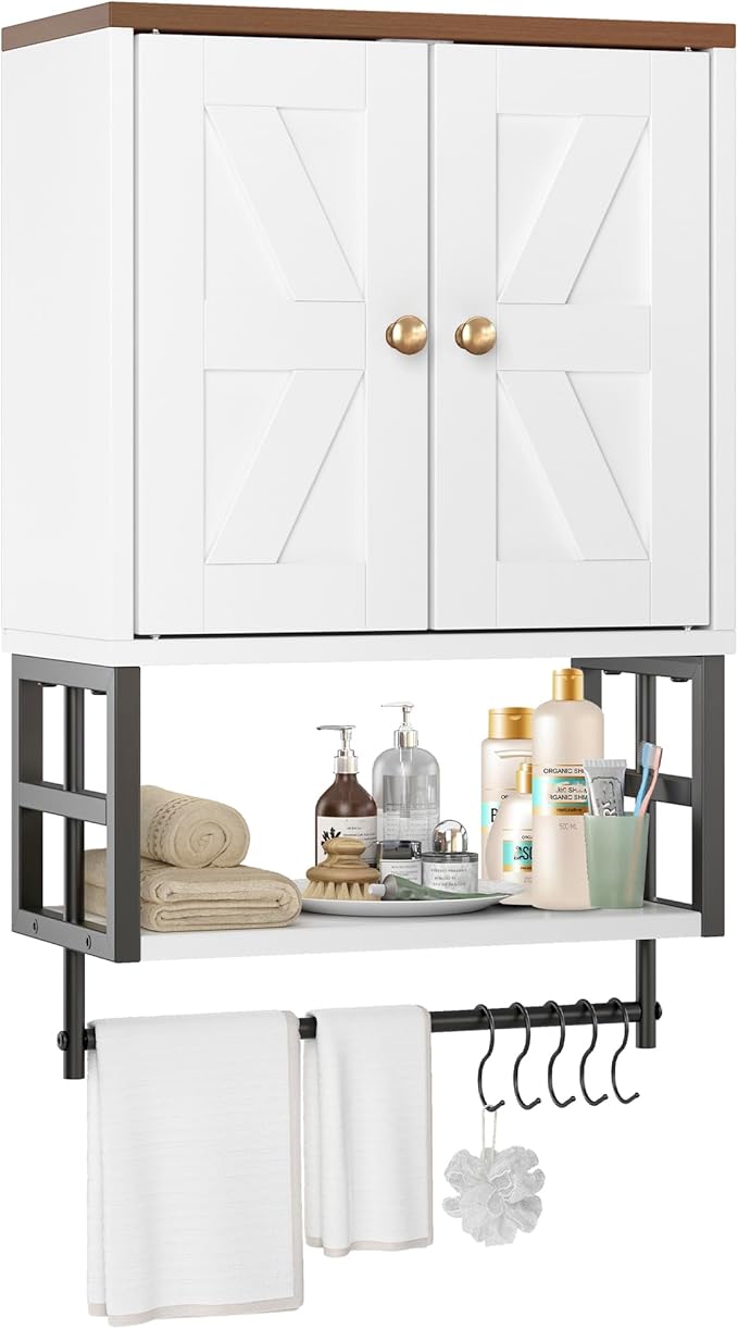 Farmhouse Medicine Cabinet - 3-Tier Wall Mounted Storage Organizer with Adjustable Shelves, Towel Bar, 5 Hooksfor Small Bathr
