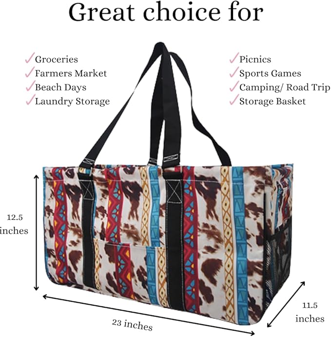NGIL Extra Large Utility Tote Reusable Grocery Organizing Bag Oversized Collapsible for Storage, Picnic,Car, Beach (Tribal Cow-black)