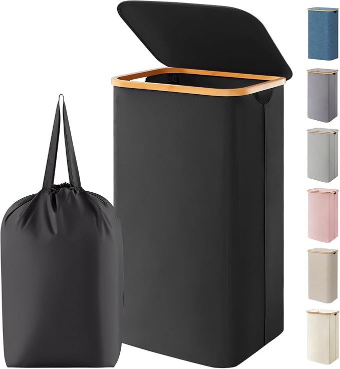 Lifewit 100L Laundry Basket with Lid, Clothes Hampers for Laundry with Bamboo Handles and 1 Removable Bag, Large Foldable Lau