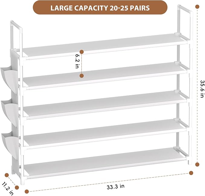 OYREL 5 Tier Shoe Organizer, 33.3in Wide x 11.2in Deep x 35.6in Tall, Black Metal and Plastic Shoe Rack with Side Bag, Holds 
