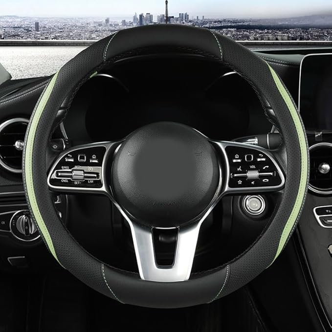 Car Steering Wheel Cover, Leather Steering Wheel Cover Green Universal 14.5-15 Inch Microfiber Leather Anti-Slip Breathable A