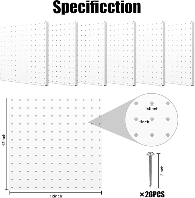 Peg Board, 6 Pack Metal Pegboard Panels White Pegboards Wall Organizer with Bent Frame Large Heavy Duty Peg Board for Walls H