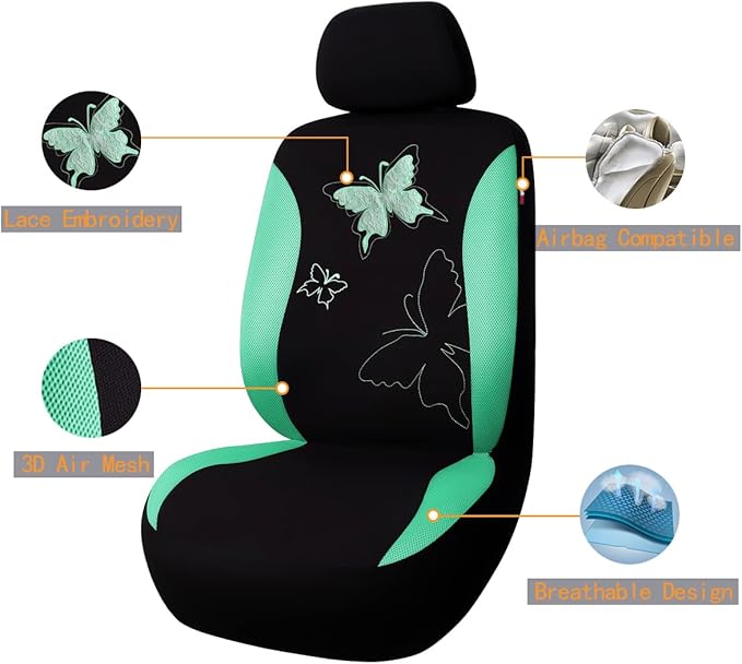 Flying Banner Butterfly car seat Covers ful Set Fashion Universal Lady Woman Female Rear Bench Split Colorized (Mint Green, F