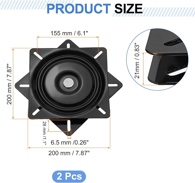 uxcell 2Pcs 8" Bar Stool Swivel Replacement, 360° Rotation Lazy Susan Turntable, Square Semi-Ball Bearing Seat Swivel Base Mo