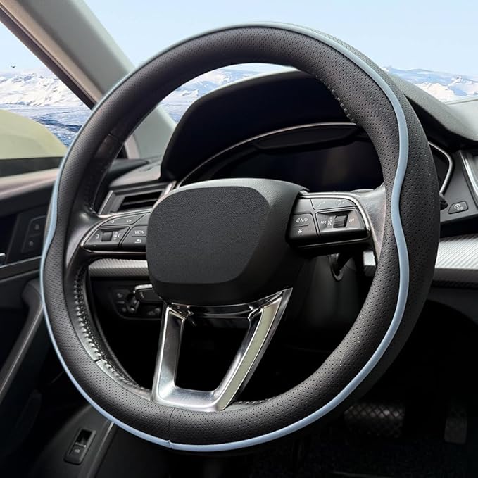 HAOTULE Leather Steering Wheel Cover， with Anti-Slip Stripe Design - Enhanced Grip, Fashion Style, Safe, Non-Slip, Breathable