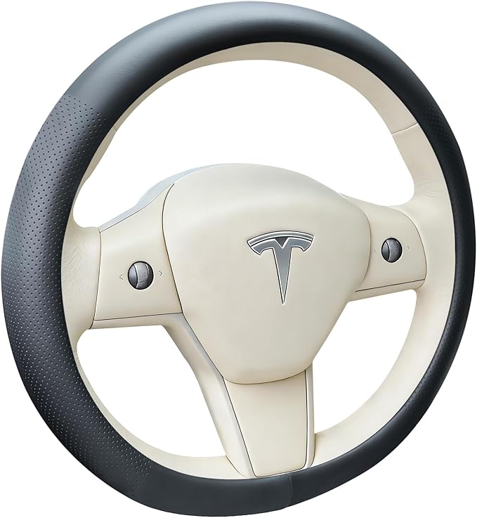 Black Tesla Nappa Leather Steering Wheel Cover, Model 3/Y Accessories, Comfort Grip, Anti-Slip Breathable, Compatible with Te