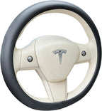 Black Tesla Nappa Leather Steering Wheel Cover, Model 3/Y Accessories, Comfort Grip, Anti-Slip Breathable, Compatible with Te