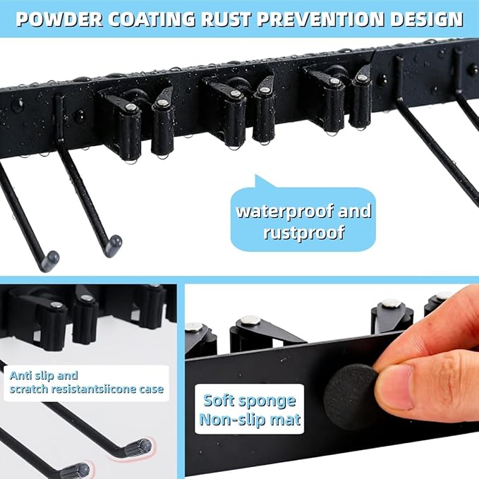 Broom Holder Door Mount,Door Mounted Broom and Mop Holder with Dual Tool Hooks, Three Slots, and One Tool Storage Basket For 