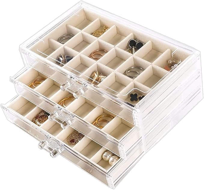 YUFONG Earring Organizer Box Acrylic Jewelry Organizer with 3 Drawers 54 Adjustable Grids Clear Stackable Earring Holder Velv