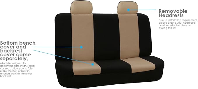 FH Group Car Seat Covers Flat Cloth Automotive Beige Full Set, Rear Solid Bench Universal Fit Combo Steering Wheel Cover & Seat Belt Pads Car Seat Protector for Cars Trucks SUV Interior Accessories