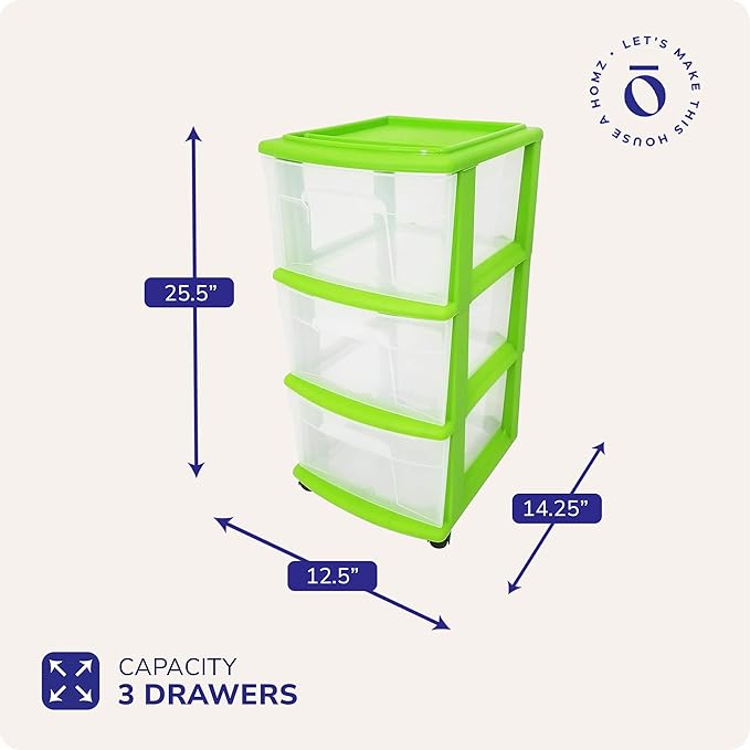 HOMZ Drawer Tower, 3-Tier Clear Plastic Storage Organizer Cart, Bold Lime Frame - Rolling Drawer Containers with Wheels for B