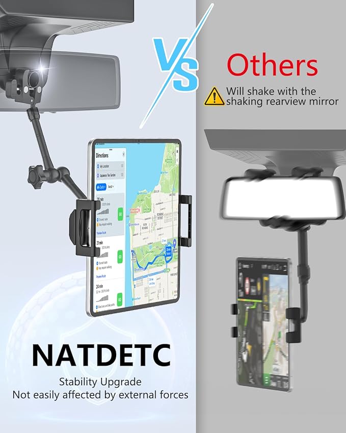 Rearview Mirror Tablet Holder- Metal Long Arm 360° Rotation and Folding, Rear View Mirror Tablet Holder, Fit Thick Cases (Deep Max 1.18'') for iPad Pro Air Mini, Galaxy Tab, iPhone, 6-15.6'' Devices