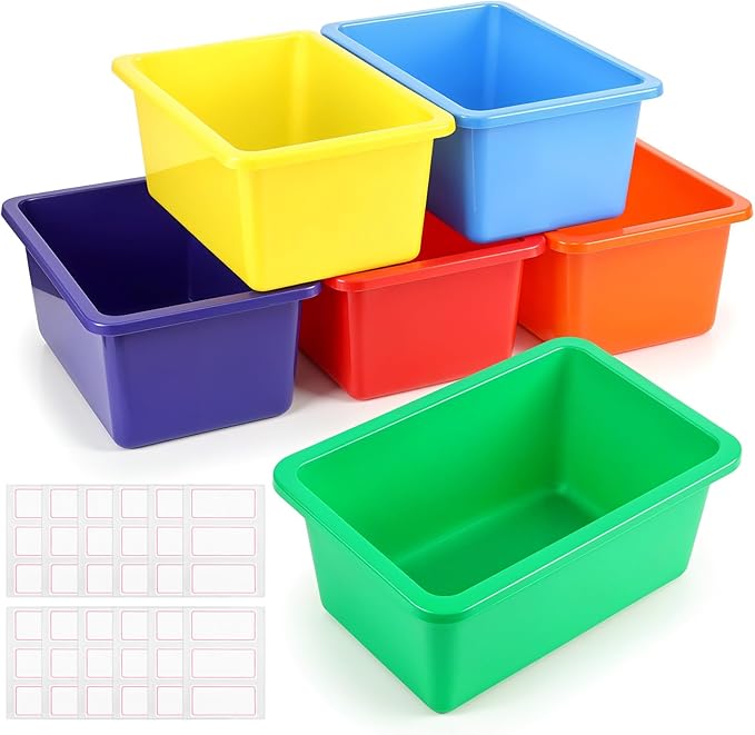 Kifmurase 6PCS Plastic Cubby Storage Bins, 12x7 Inch Stackable Toy Storage Organization, Colored Toy Storage Bins with 12 Lab