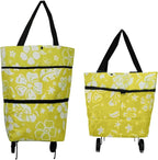 Collapsible Shopping Grocery Bag with Wheels Rolling Tote Bag with Wheels Large Reusable Shopping Bags Foldable Cart(Yellow Green Flower,Large)