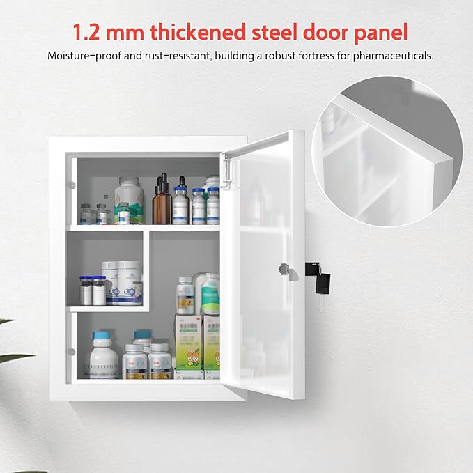 Locking Medicine Cabinet Wall-Mount: Storage Cabinet with Lock & Key - White Metal First Aid Kits for Childproofing and Famil