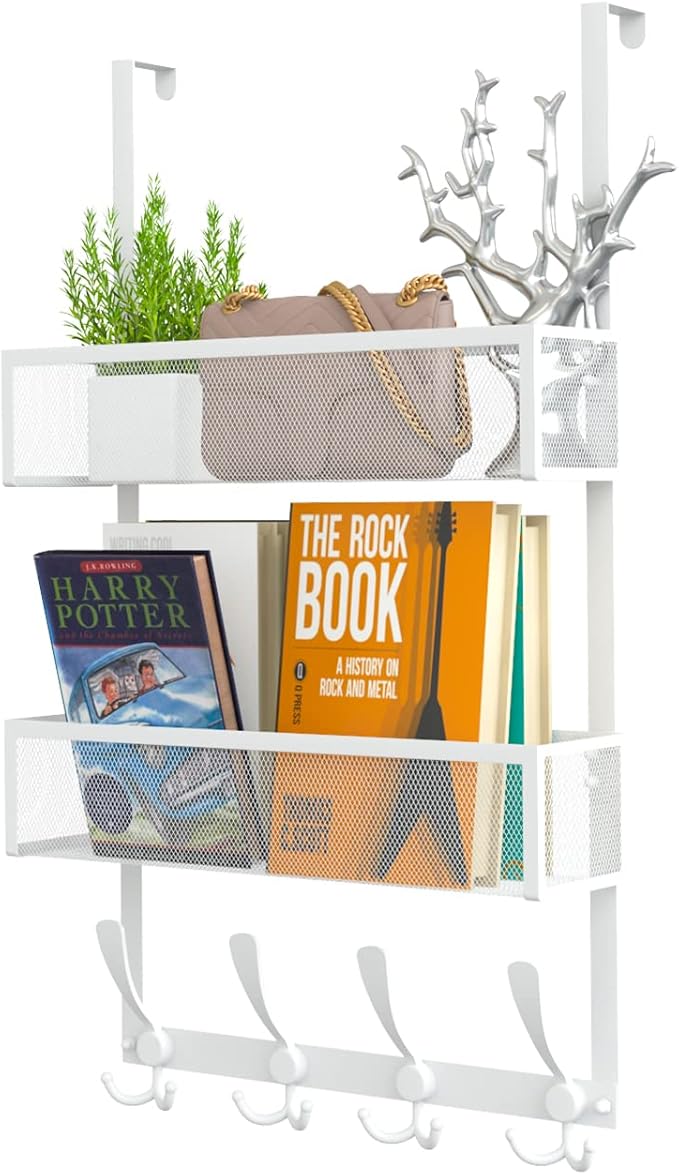 Kaiferty Over The Door Hooks Organizer,Coat Rack with 12 Hooks and 2 Mesh Baskets,Back of Door Storage Organizer for Bathroom