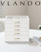 Vlando 5 Layer Jewelry Box for Women, Glass Lid Jewelry Organizer with 5 Drawers for Necklaces Rings Earrings Bracelets - Whi