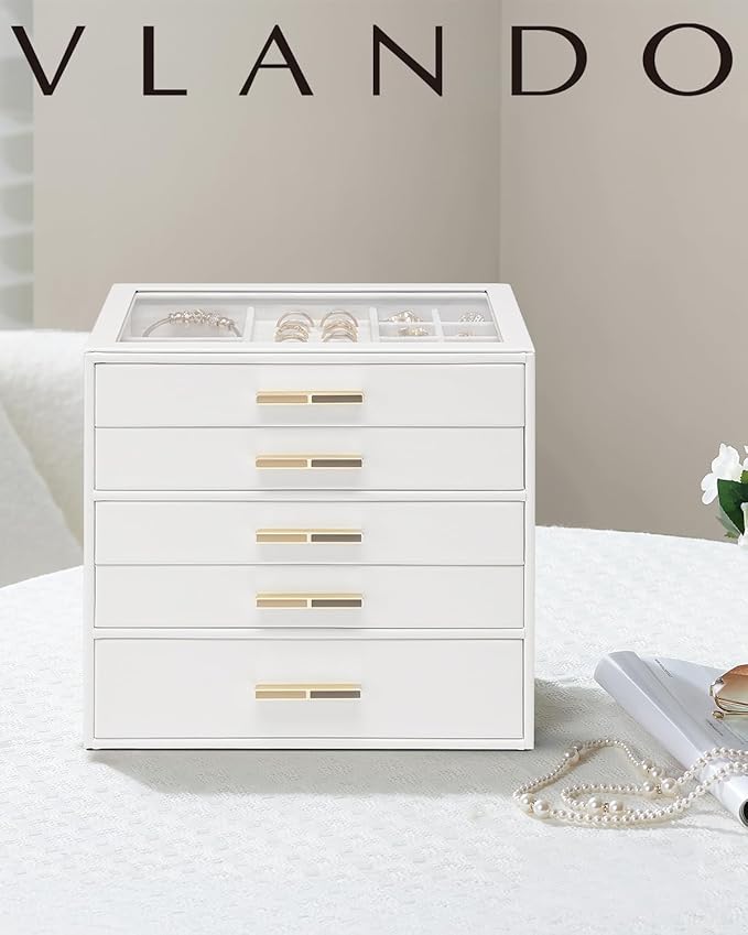 Vlando 5 Layer Jewelry Box for Women, Glass Lid Jewelry Organizer with 5 Drawers for Necklaces Rings Earrings Bracelets - Whi