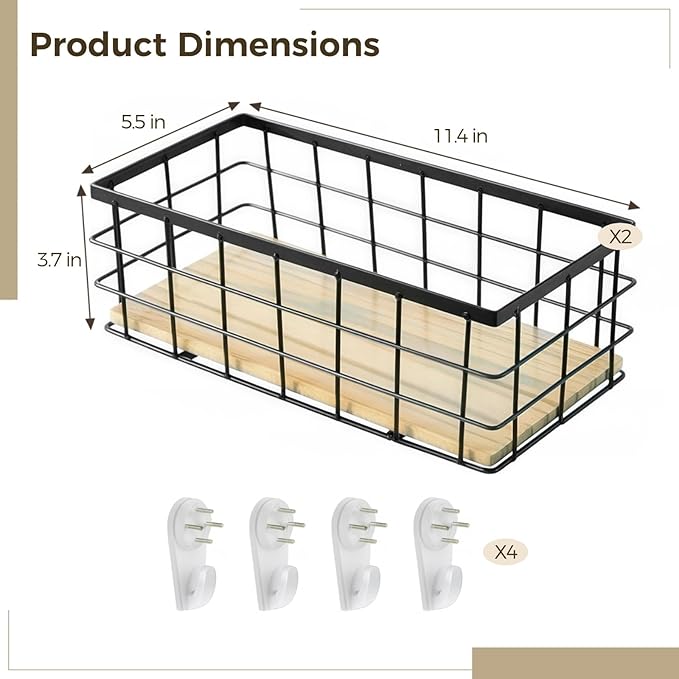 Small Metal Wire Basket for Wall Mount 2 PCS - Metal Wire Storage Basket Wood Base, Toilet Paper Basket, Wall Hanging Wire St