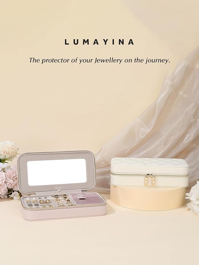 Travel Jewelry Case with Mirror, Quilted Small Jewelry Box Organizer for Women Girls, Portable Earring Necklace Bracelet Ring