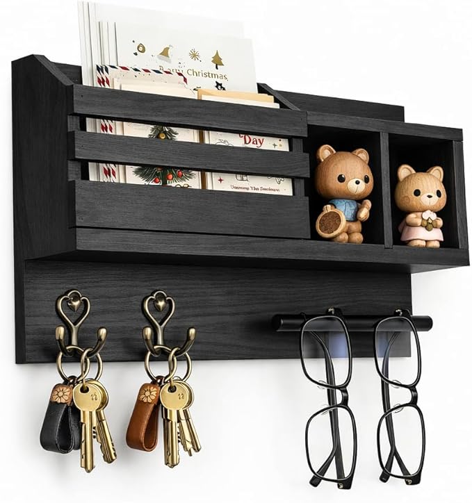 Key and Mail Holder Wall Mount, Wooden Entryway Organizer with 2 Hooks & Shelf, Compact Key Rack for Wall with Mail Organizer